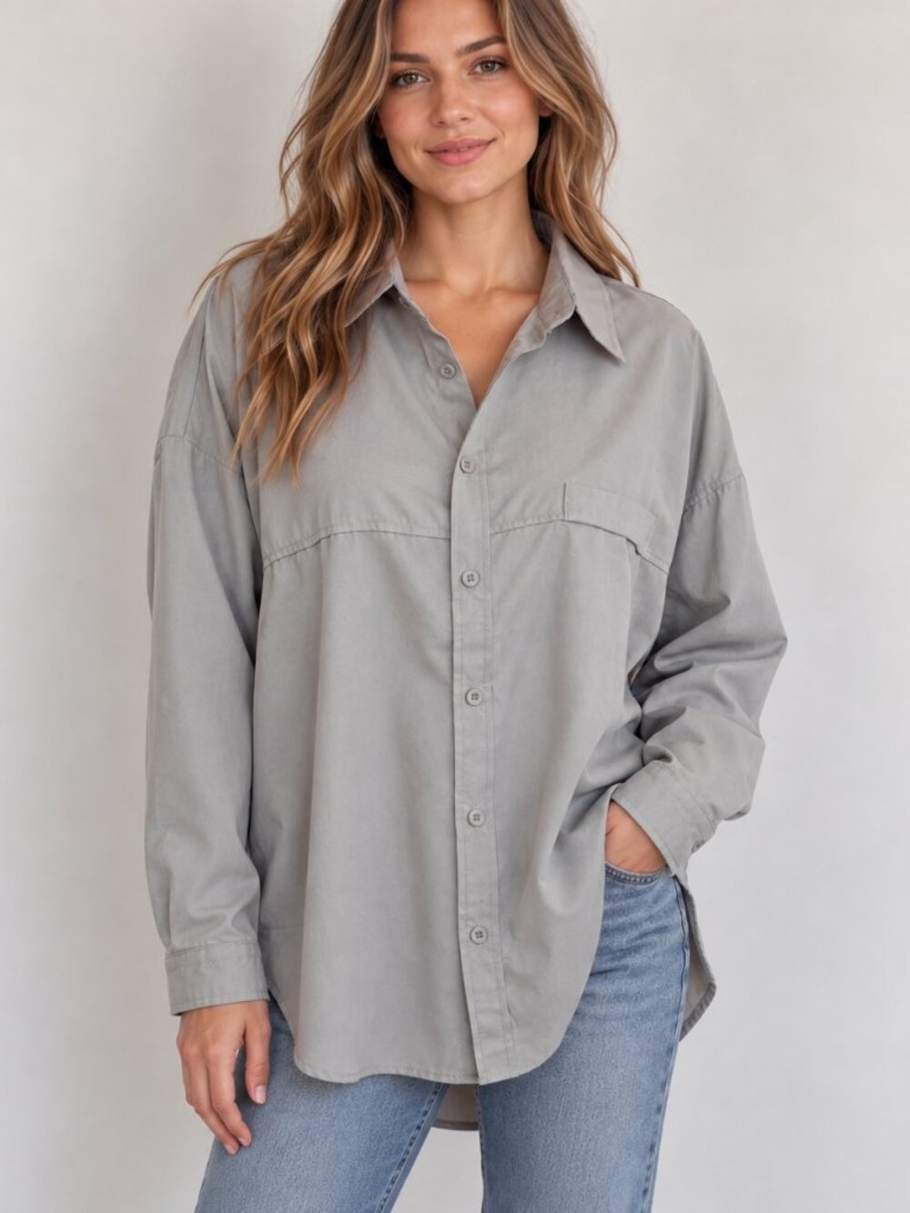 Miss Sparkling Ash Gray Oversized Button Up Shirt Large NWT